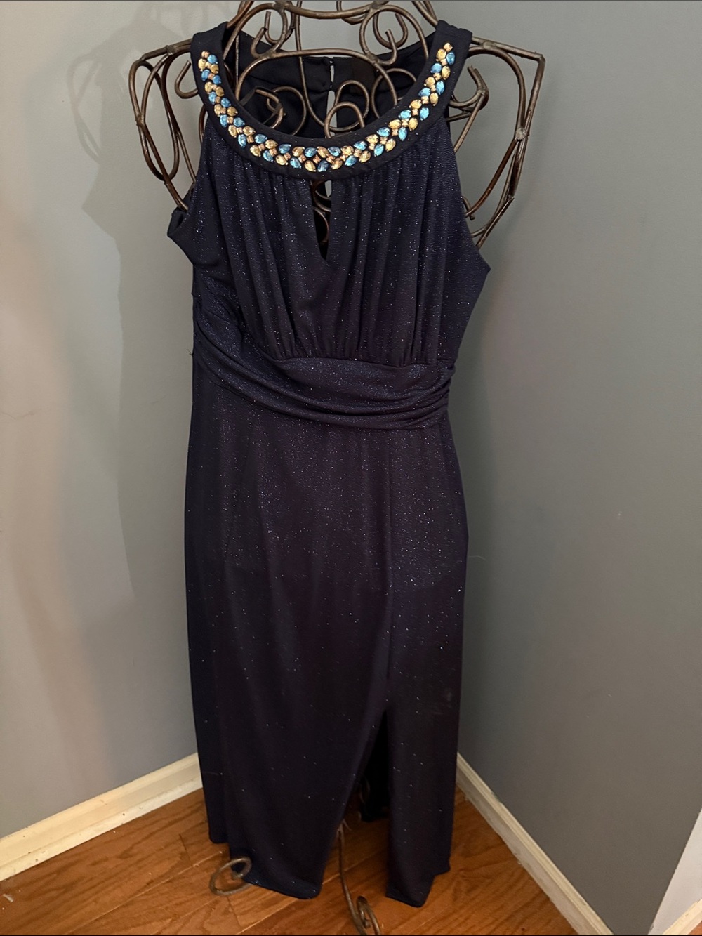 Enfocus Studio Sparkle Navy Long Dress with Jeweled Neckline